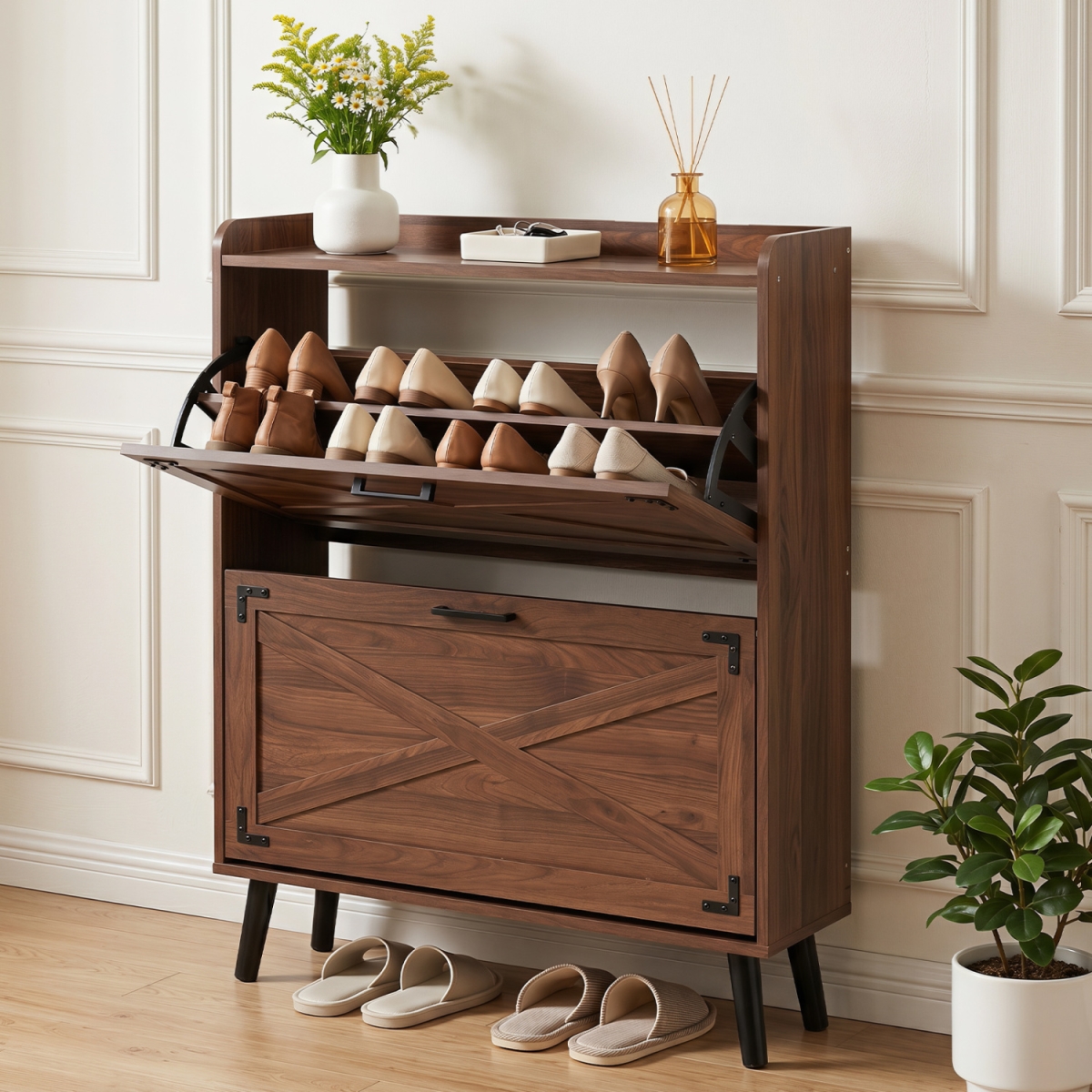 JV13863BN Narrow Shoe Cabinet with Adjustable & Removable Shelves for Entryway - Brown