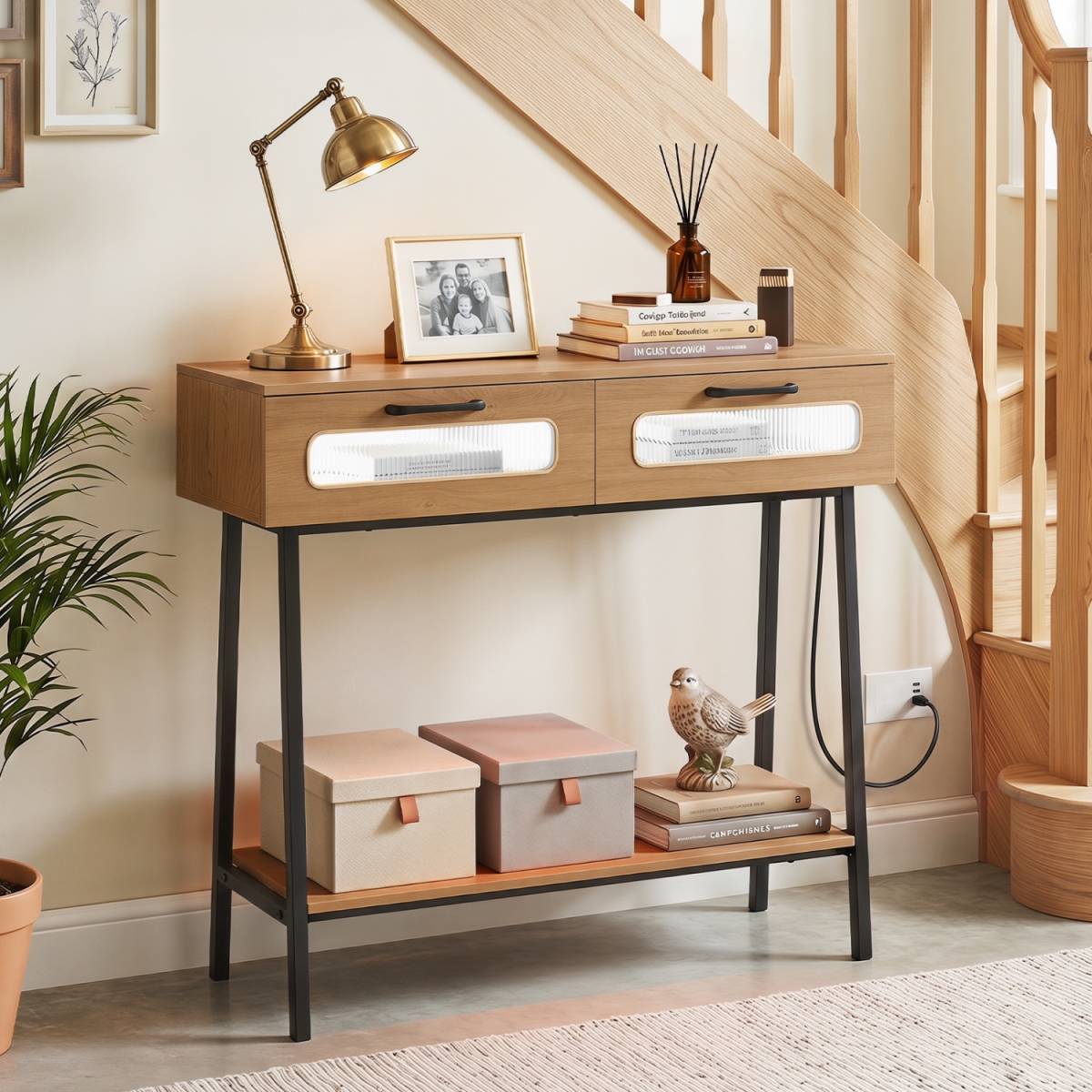 JV13897NA Console Table with LED Lights & Open Shelf for Hallway Entrance - Natural