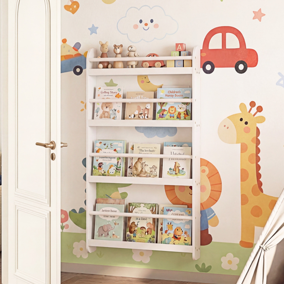 JV13936WH 4-Tier Bookshelf Organizer for Toys & Books with Basswood Crossbar - White
