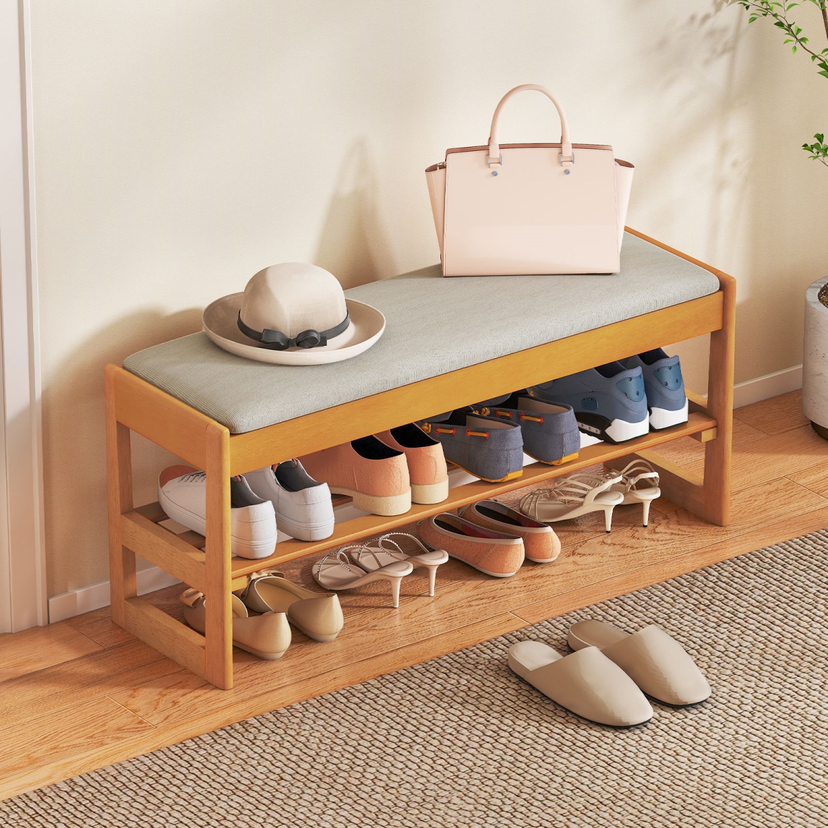 JV13962BE Shoe Rack Bench with Storage 2-Tier Rubberwood Entryway Bench with Flip-Open Storage - Beige