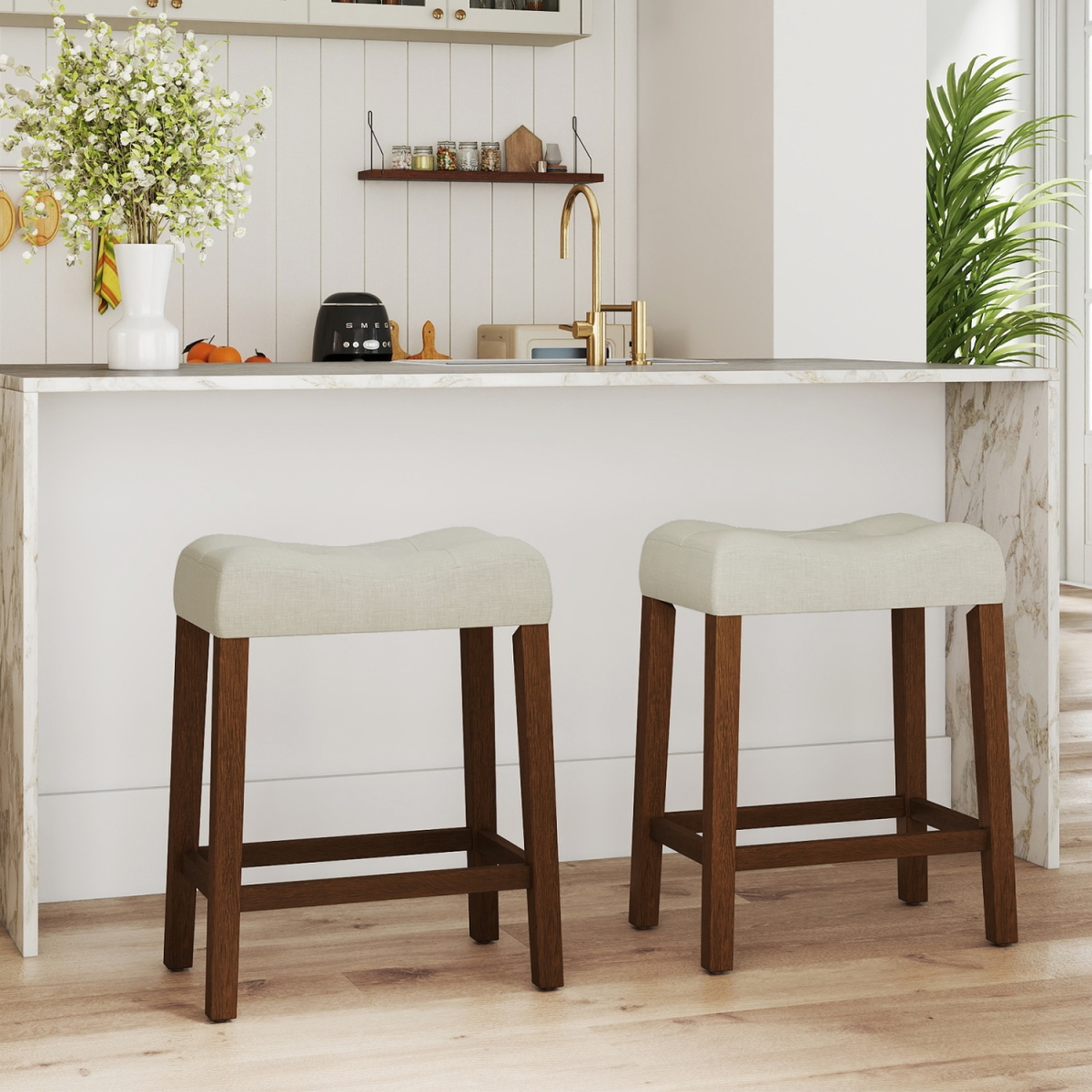 JV12052BN-2 Upholstered Counter Height Bar Stool with Curved Saddle-Seat - Brown - Set of 2