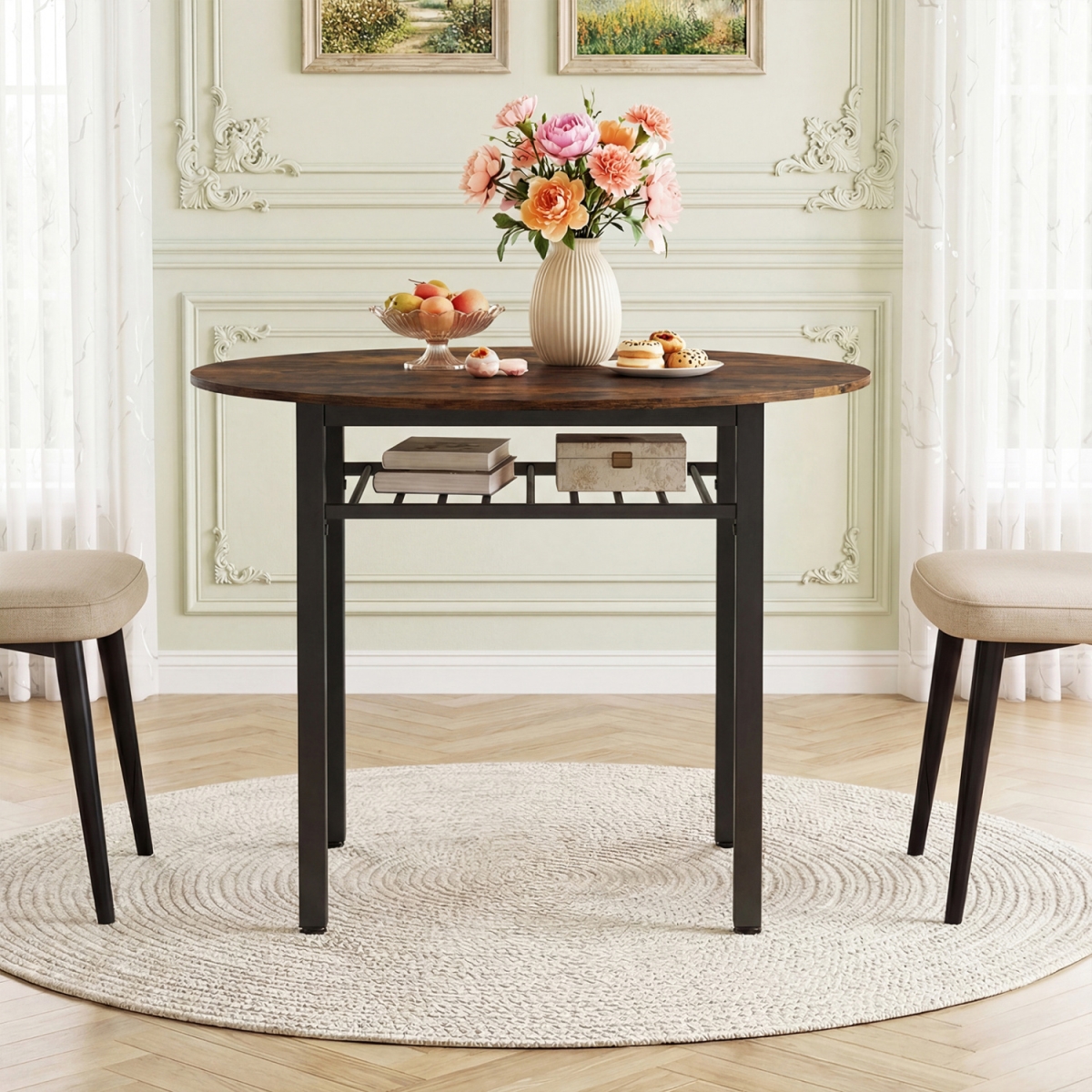 JV12325CF-22 40 in. Round Kitchen Table with Storage Shelf & Metal Frame for 4 People - Rustic Brown