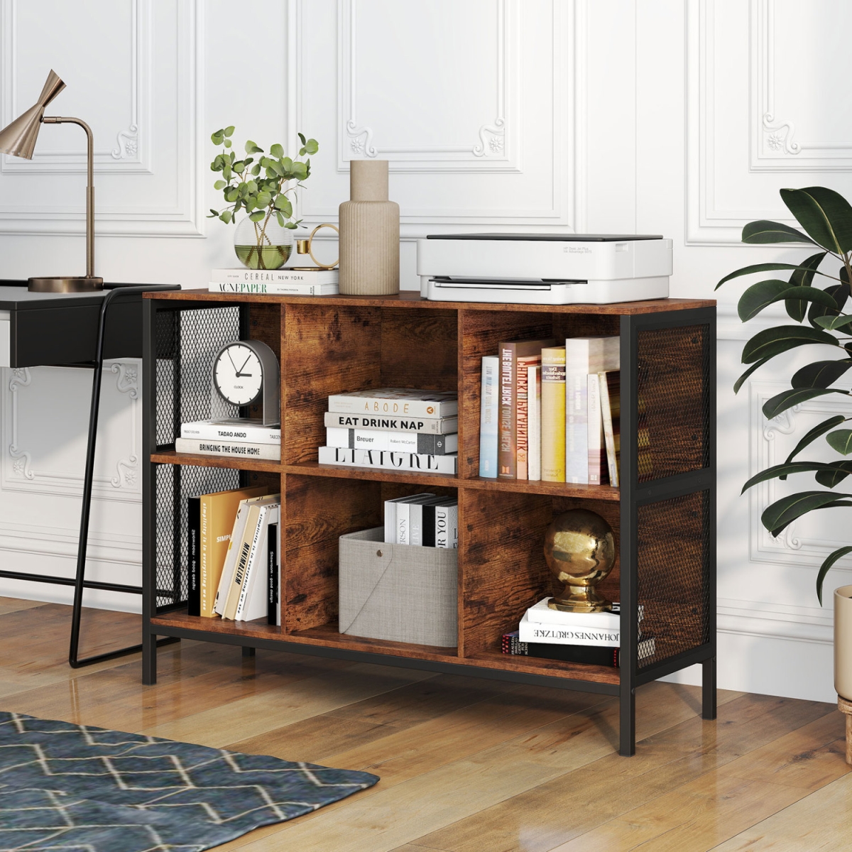JV13963CF 6 Cube Bookcase 42 in. Wide Horizontal Bookshelf with Accent Cubby Shelf - Rustic Brown