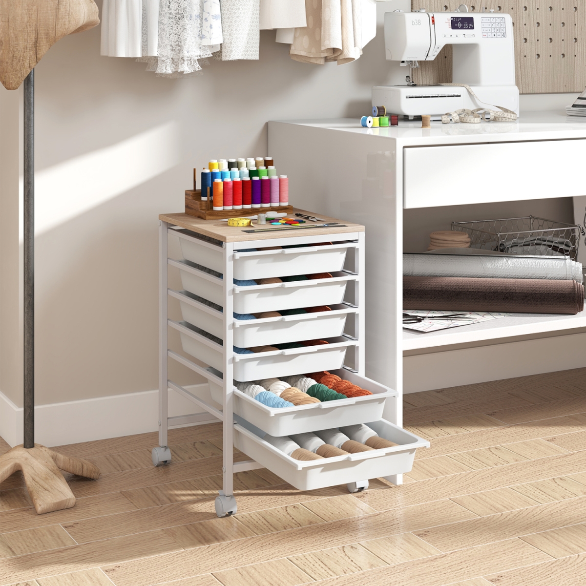 JV14020WH 6-Drawer Rolling Storage Cart with Wooden Tabletop - White