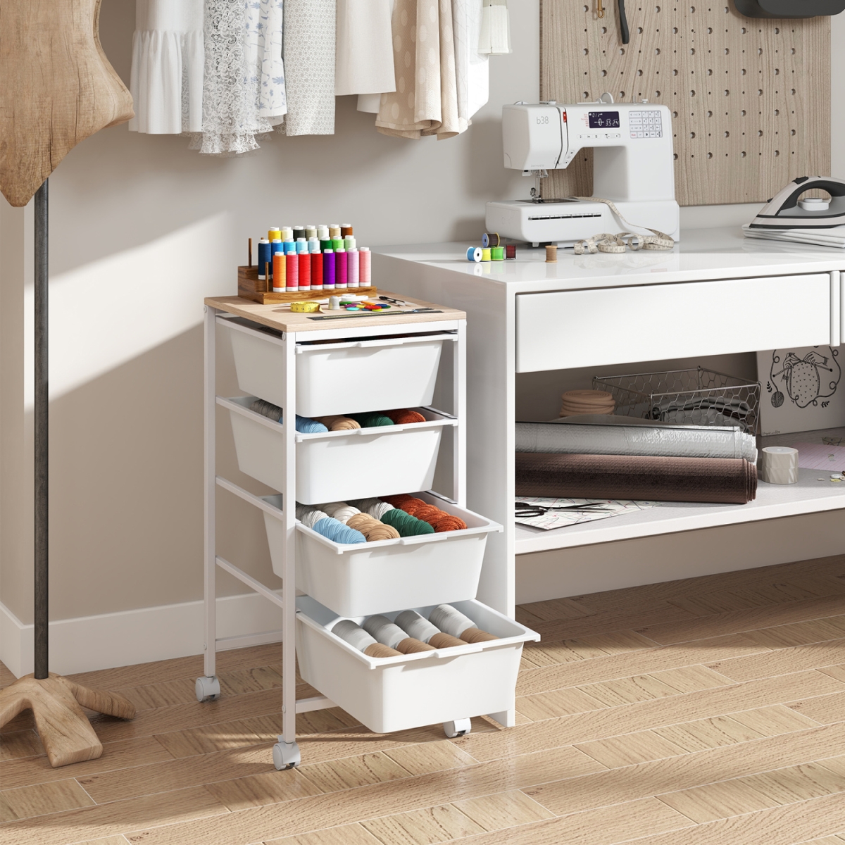 JV14021WH 4-Drawer Rolling Storage Cart Mobile Utility Organizer with Wooden Tabletop & Lockable Wheels - White