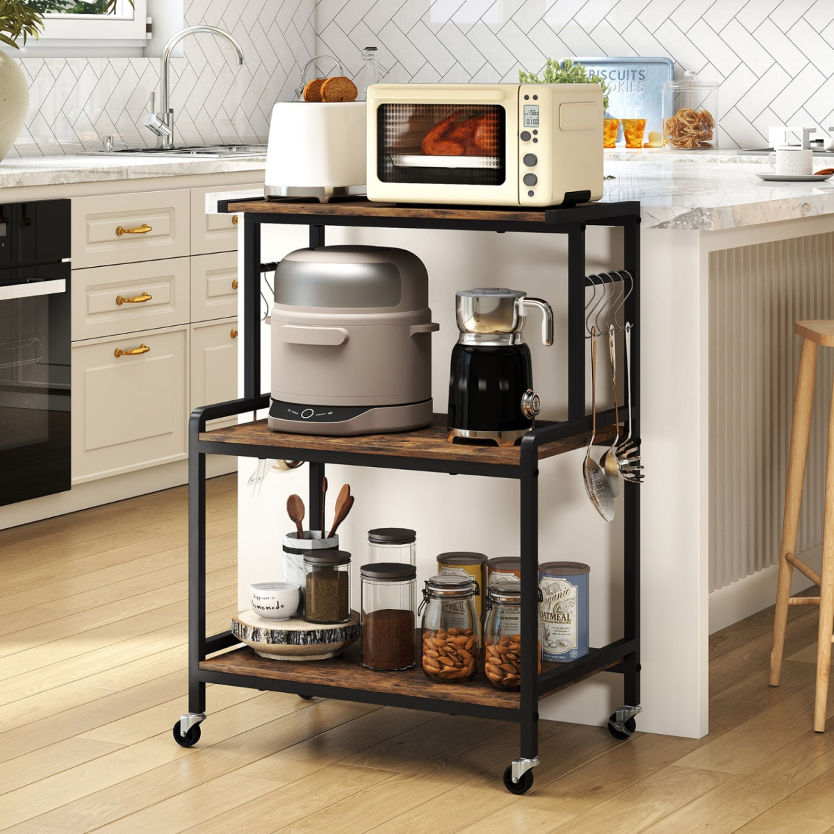JV14126US-CF 3-Tier Rolling Microwave Cart with Power Outlet & Lockable Wheels & 10 Hooks - Rustic Brown