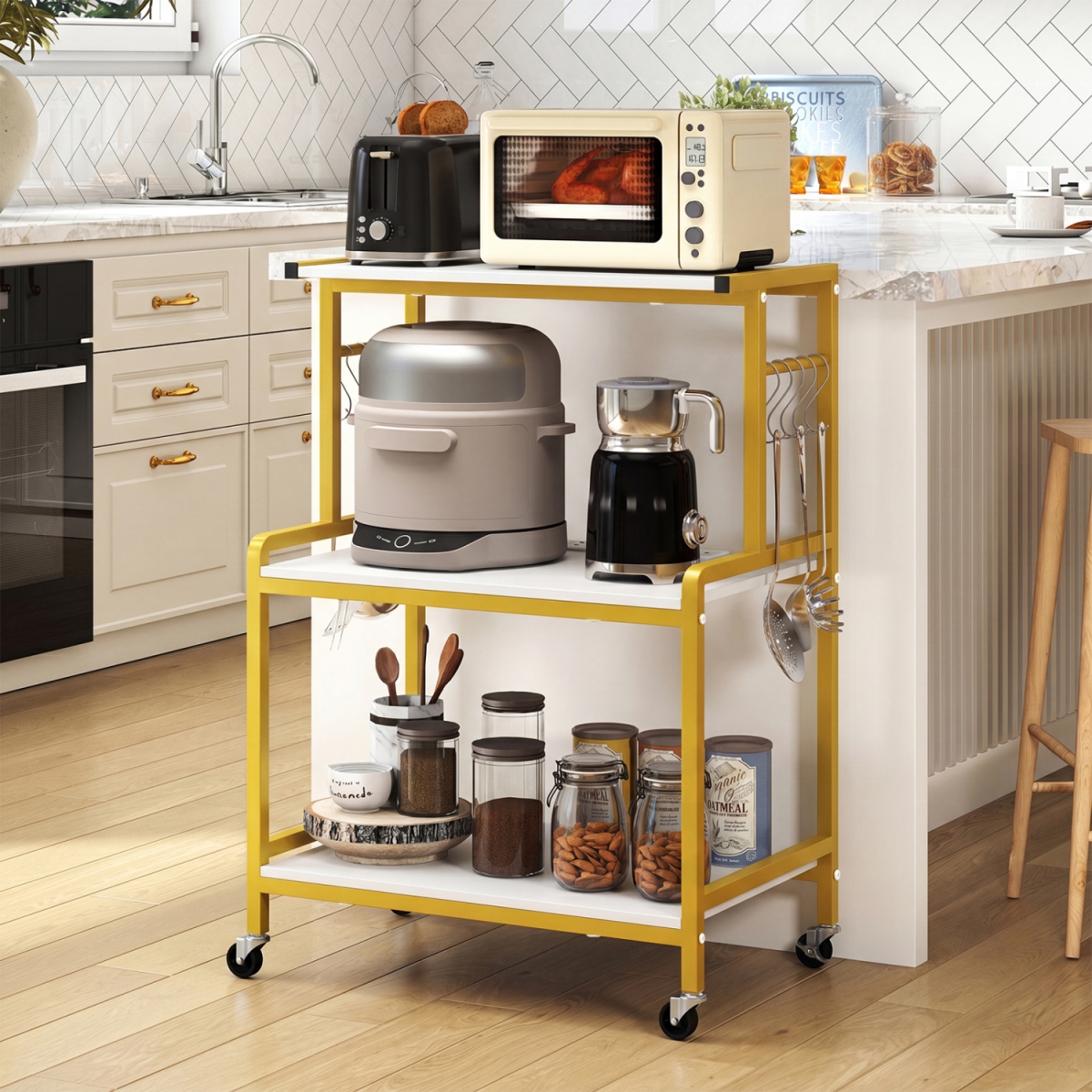 JV14126US-WH 3-Tier Rolling Microwave Cart with Power Outlet & Lockable Wheels & 10 Hooks - White