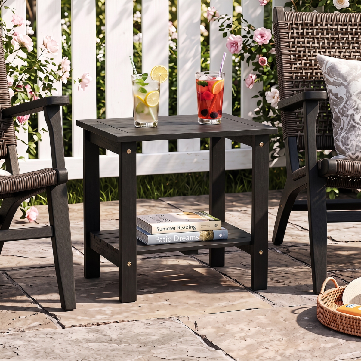 JV14665DK-1 2-Tier Wood Patio End Table with Slatted Tabletop & Storage Shelf for Backyard - Black