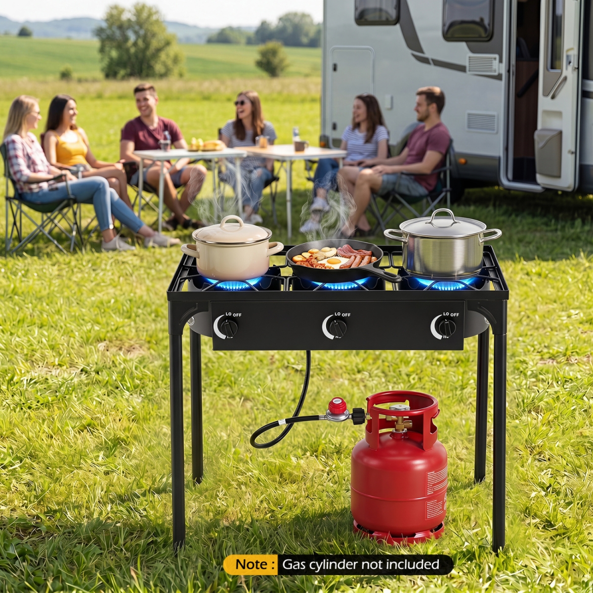 NP13838DK 3 Burner Propane Stove 240000 BTU with Adjustable Regulator & Hose for Camping BBQ - Black