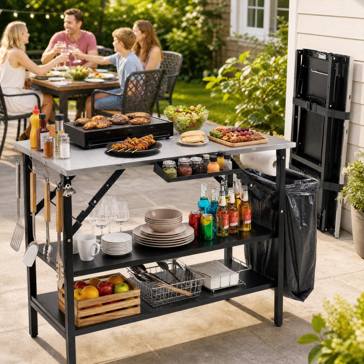 NP13880DK-C Foldable Outdoor Cook Station with Removable Shelves & Trash Bag Holder for Camping - Black