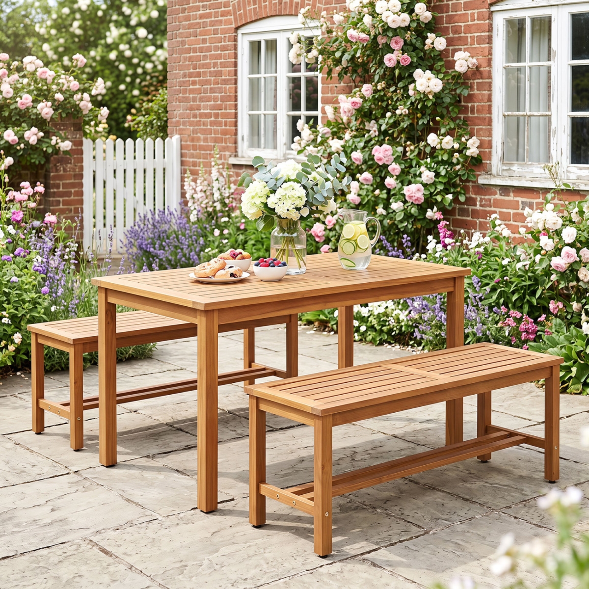 JV14710-2 Outdoor Acacia Wood Patio Bench for 2 with Slatted Seat - 2 Piece