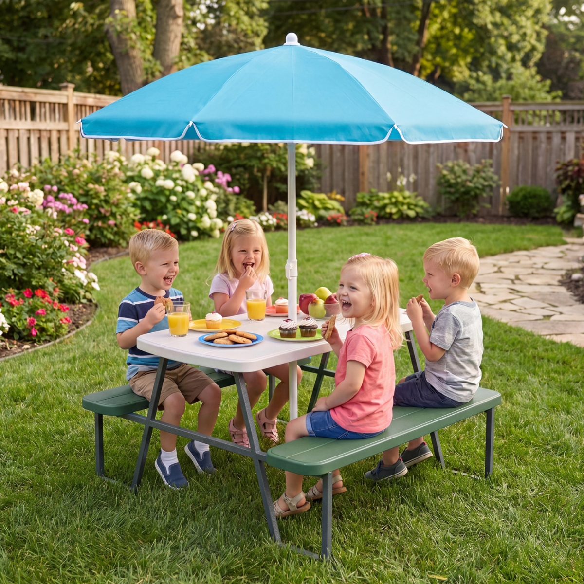 NP11820GN Kids Picnic Table with Benches Seats Up to 4 - Green