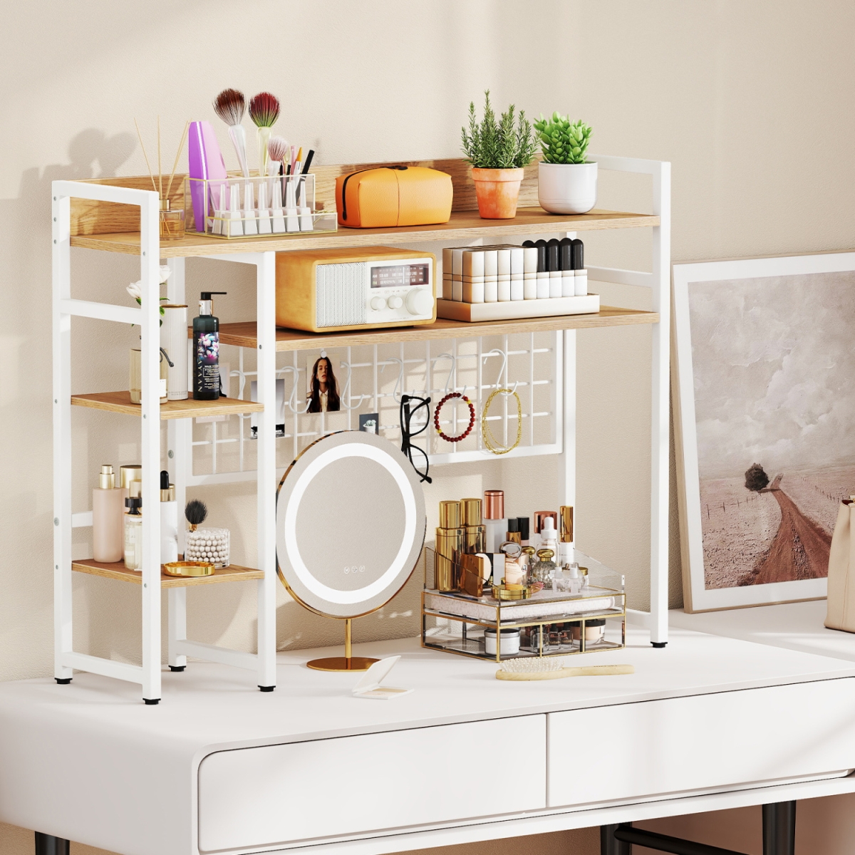 JZ10372NA 4-Tier Desk Shelf Desktop Display Rack with Metal Grid Panel & 6 Hooks, Natural