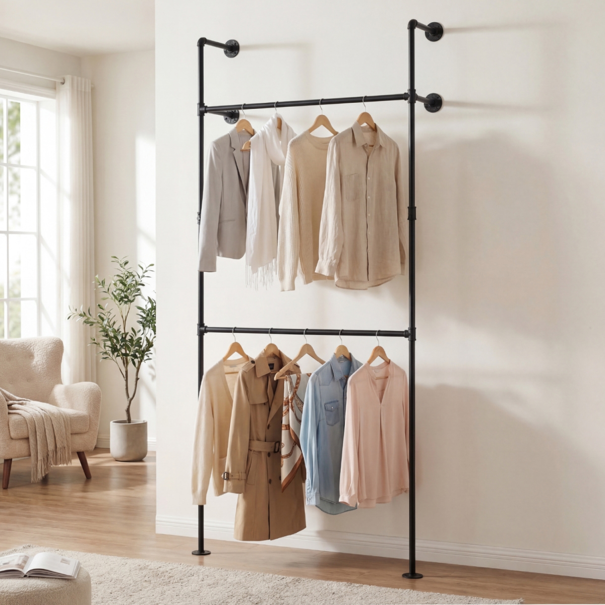 JZ10507BK Wall Mounted Pipe Clothing Rack with 2 Hanging Rods - Black