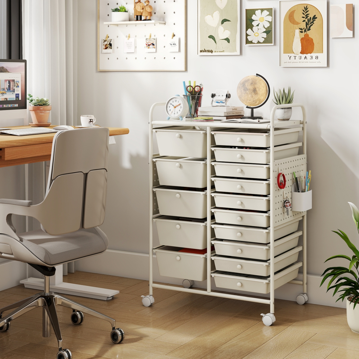 JZ10567WH 15-Drawer Rolling Storage Cart with Metal Tabletop & Pegboard - White