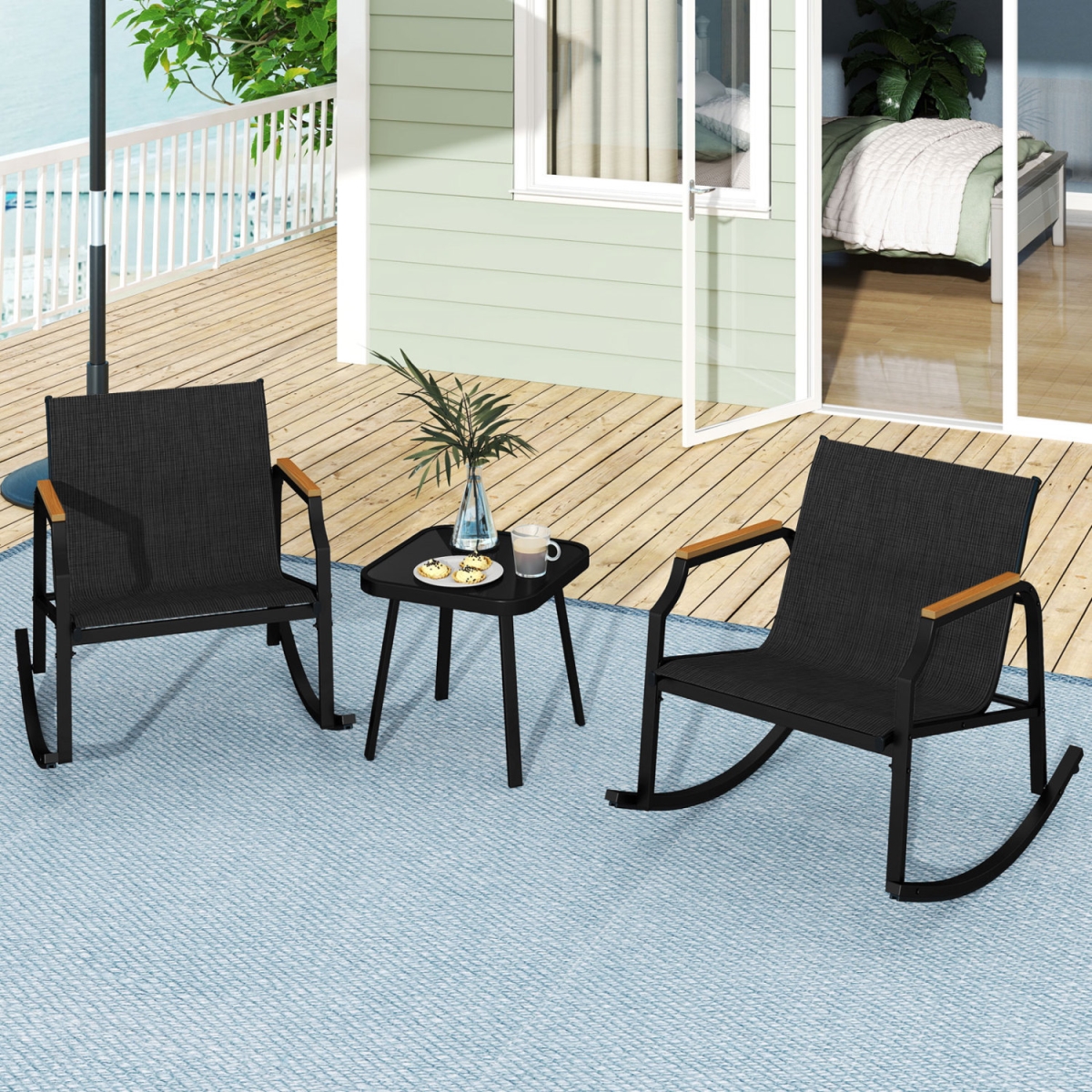 NP12140DK Patio Rocking Bistro Set with Tempered Glass Coffee Table & Armrests for Porch - Black - 3 Piece