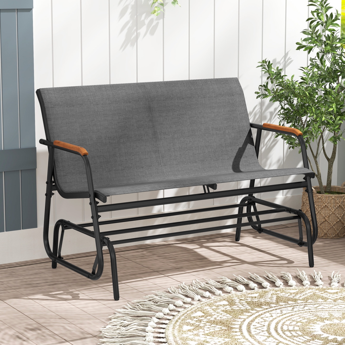 NP12176GR Patio Glider Bench with Curved Teak Armrests & Breathable Fabric Seat for 2 People - Gray