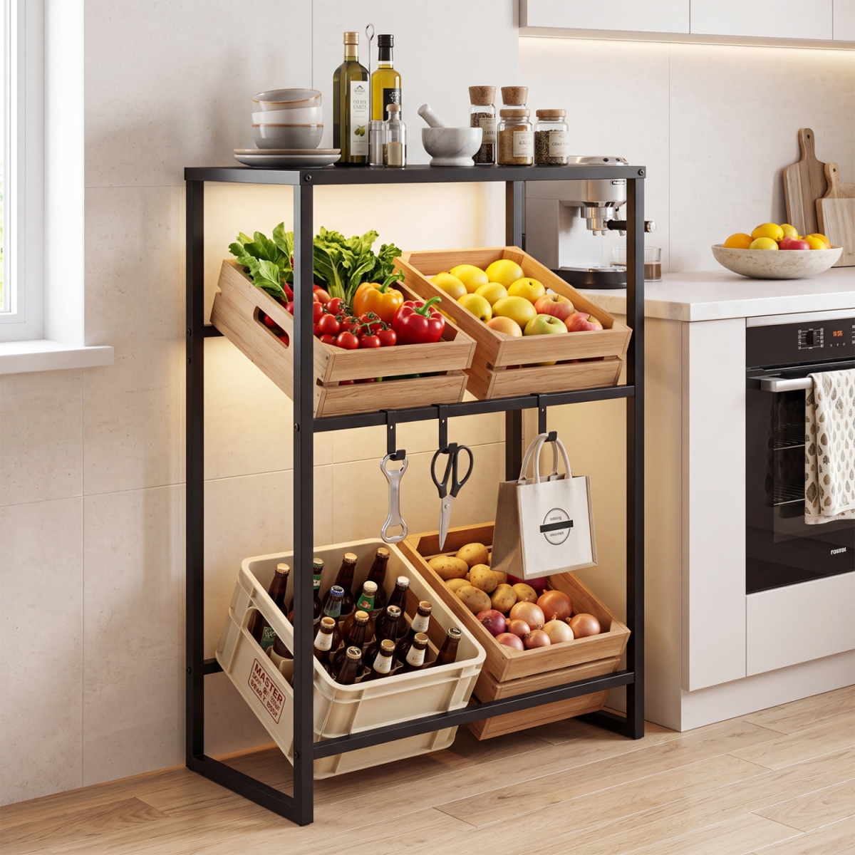 TA10105BK 3-Tier Drink Crate Rack with Shelf for Beer & Water for Kitchen & Garage - Black
