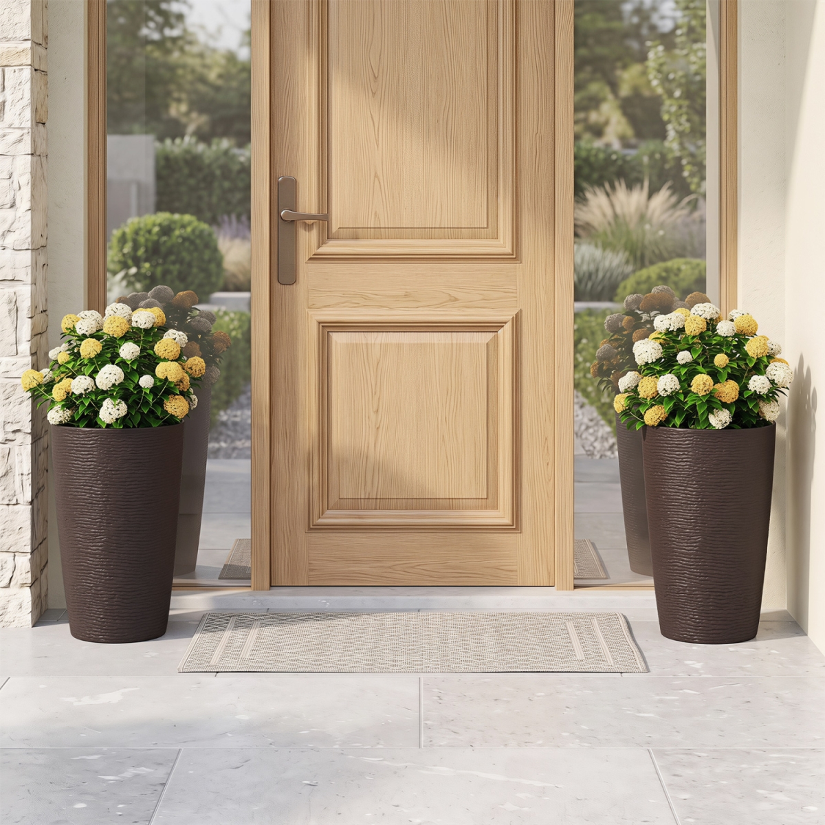 HZ10371BN-2 21 in. Tall Round Plastic Planters Flower Pots with Drainage System - Brown - Set of 2