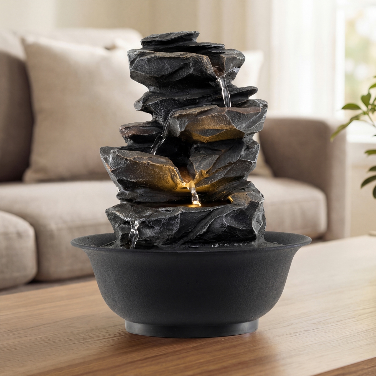 HZ10437US Tabletop Water Fountain with LED Light Indoor Desktop Cascading Water Feature