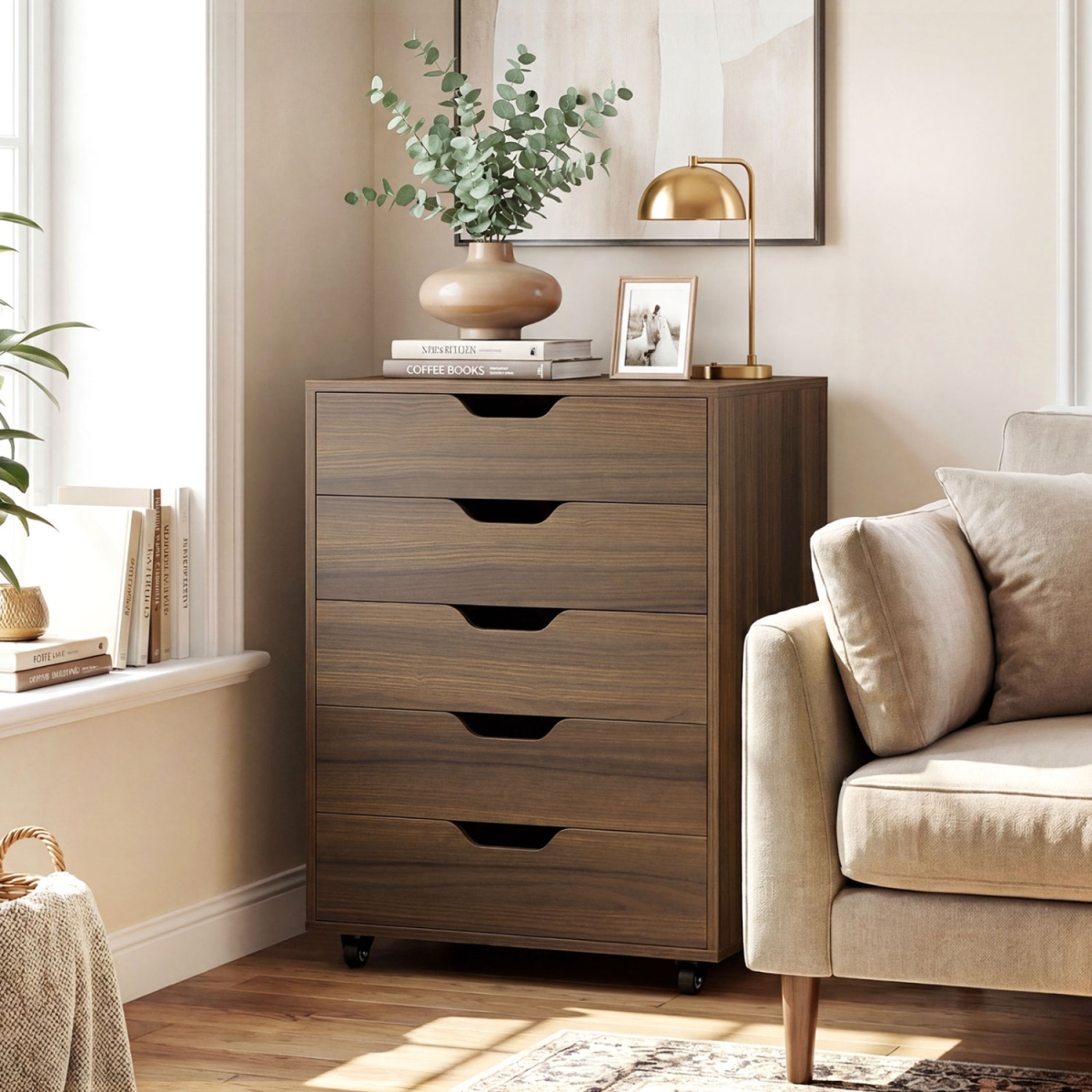 JV12139HT 5 Drawer Mobile File Cabinet with Wheels for Living Room - Walnut