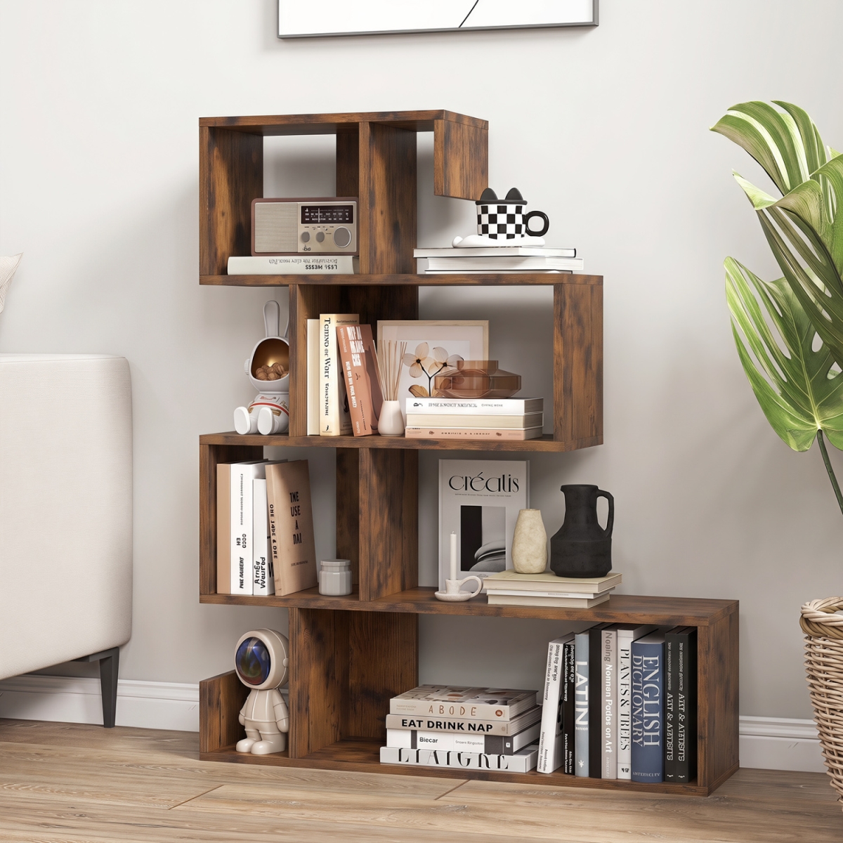 JV12261CF 5-Tier S-Shaped Bookshelf Geometric Z-Shelf Bookcase with Open Cubes - Rustic Brown