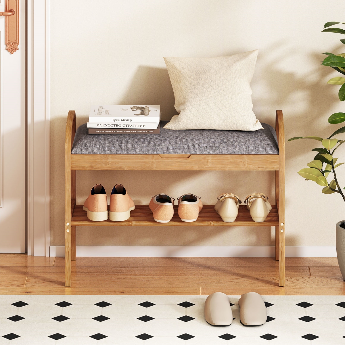 JV12274GR 2-Tier Bamboo Shoe Bench with Storage & Padded Cushion - Gray