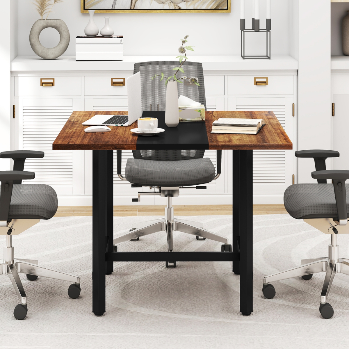 JV12610CF 39.5 in. Square Conference Table Meeting Room Table with Thickened Tabletop - Rustic Brown