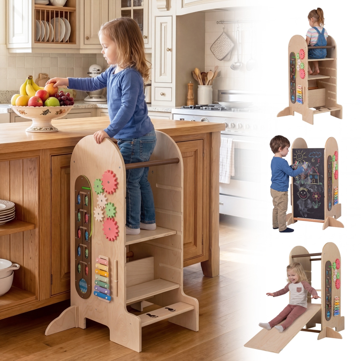 HY10400 Toddler Standing Tower Kids Step Stool with Adjustable Height Chalkboard & Slide