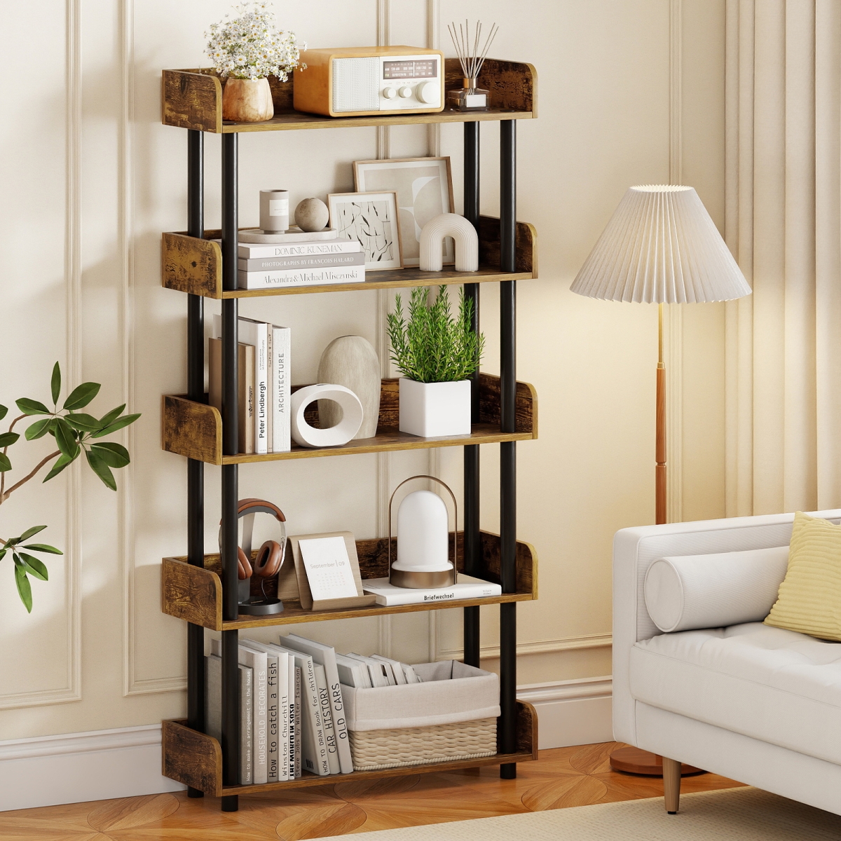 JV13679CF 5-Tier Open Bookcase with Industrial Storage Unit - Rustic Brown