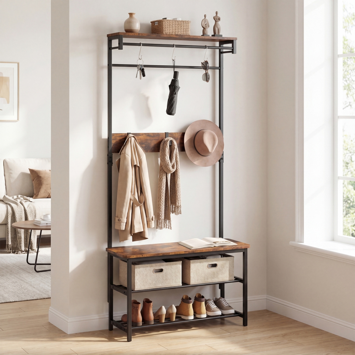 JV13742CF Coat Rack 4-in-1 Hall Tree with Shoe Bench & Removable Hooks - Coffee