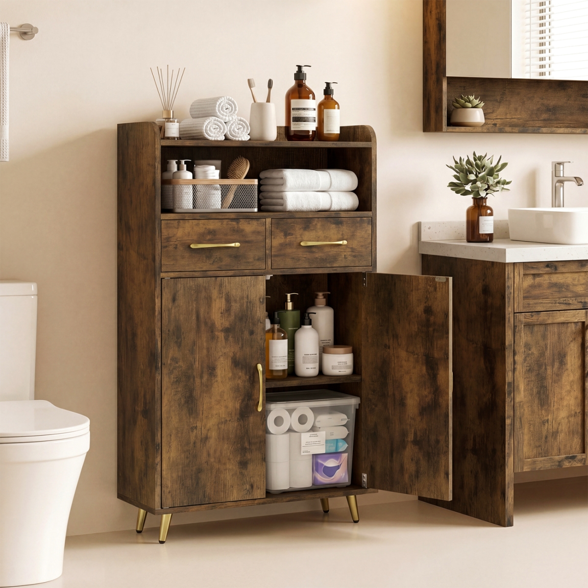 JV13783CF Bathroom Storage Cabinet Freestanding Floor Cabinet with 2 Drawers & 2 Doors - Rustic Brown