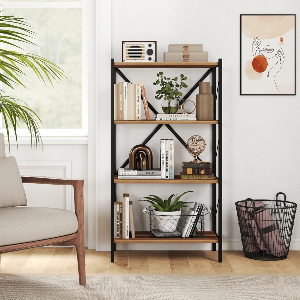JV13801WN 4-Tier Bookshelf with Heavy-Duty Metal Frame - Walnut