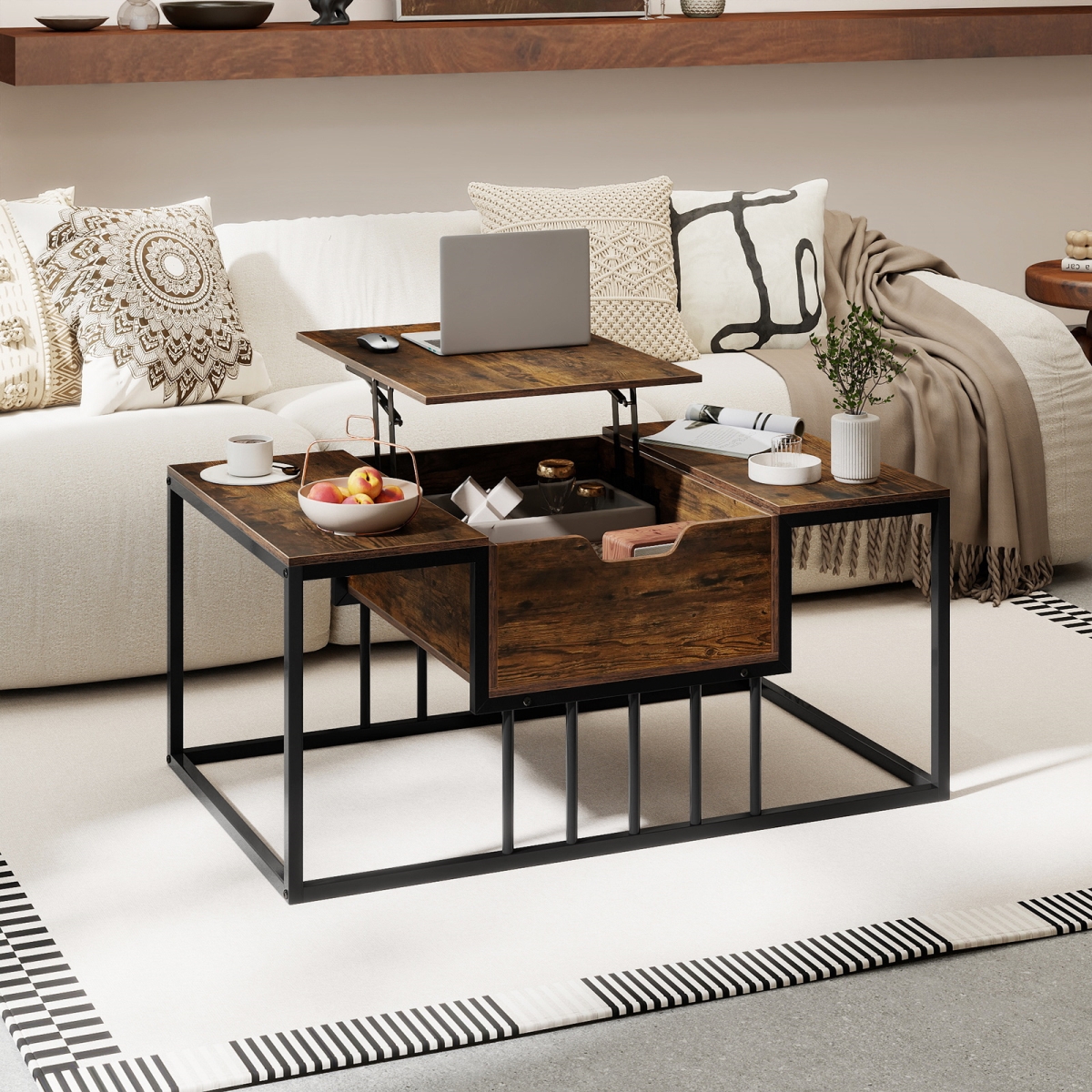 JV13821CF Lift Top Coffee Table Modern Center Table with Hidden Storage Compartment - Rustic Brown