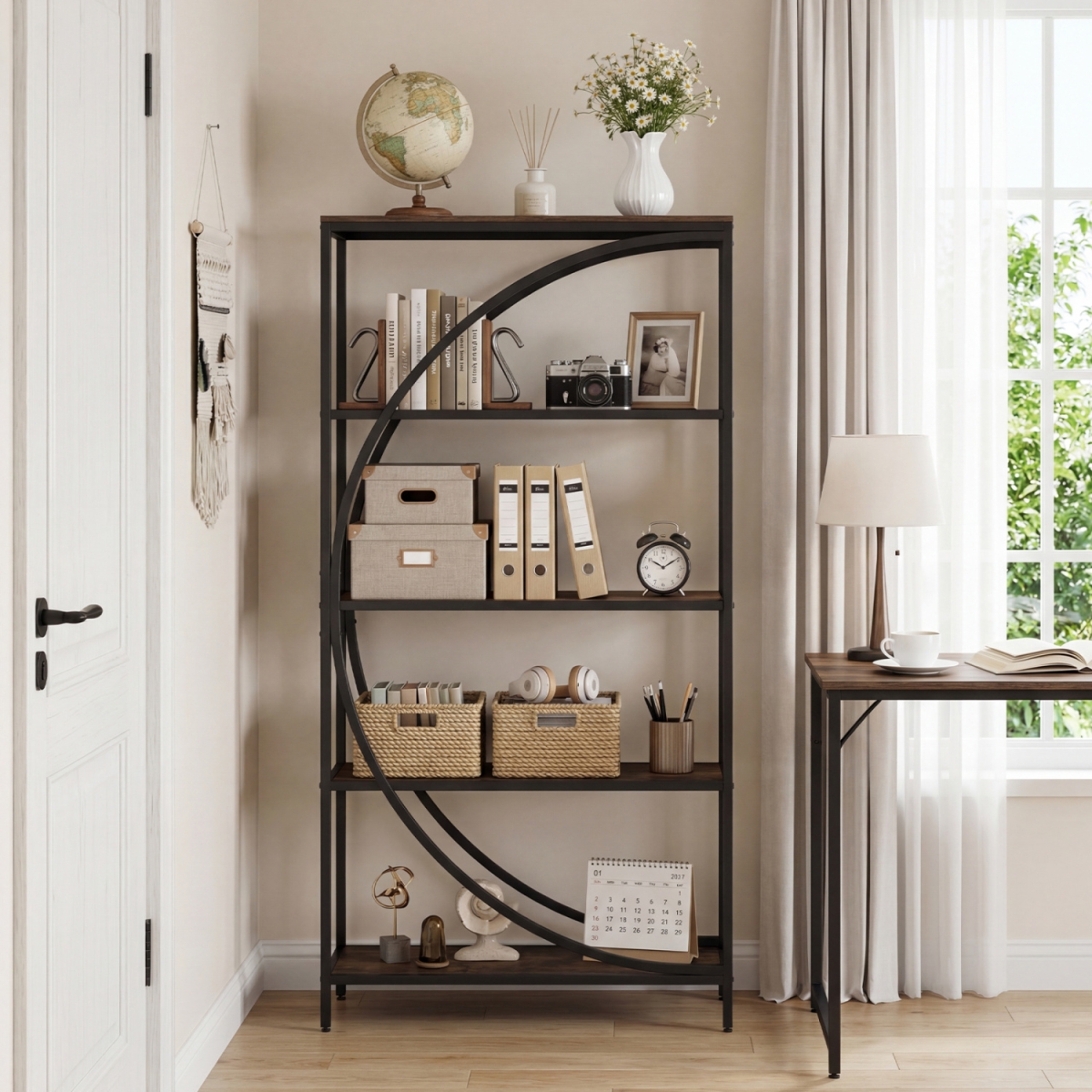JV13855CF 5-Tier Bookshelf with Half-Moon Shape for Living Room & Home Office - Rustic Brown