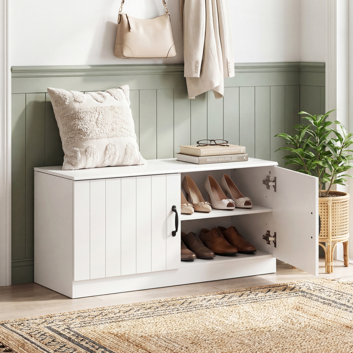 JV13904WH 2-Door Shoe Storage Cabinet with Adjustable Shelves - White