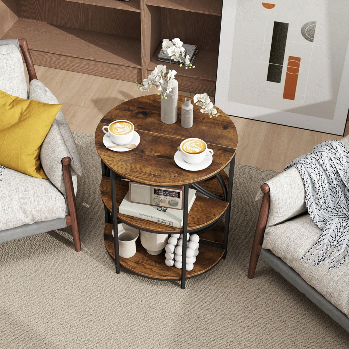 JV13931CF-2 Narrow Side Table with Study Metal Frame & Storage Shelves - Rustic Brown