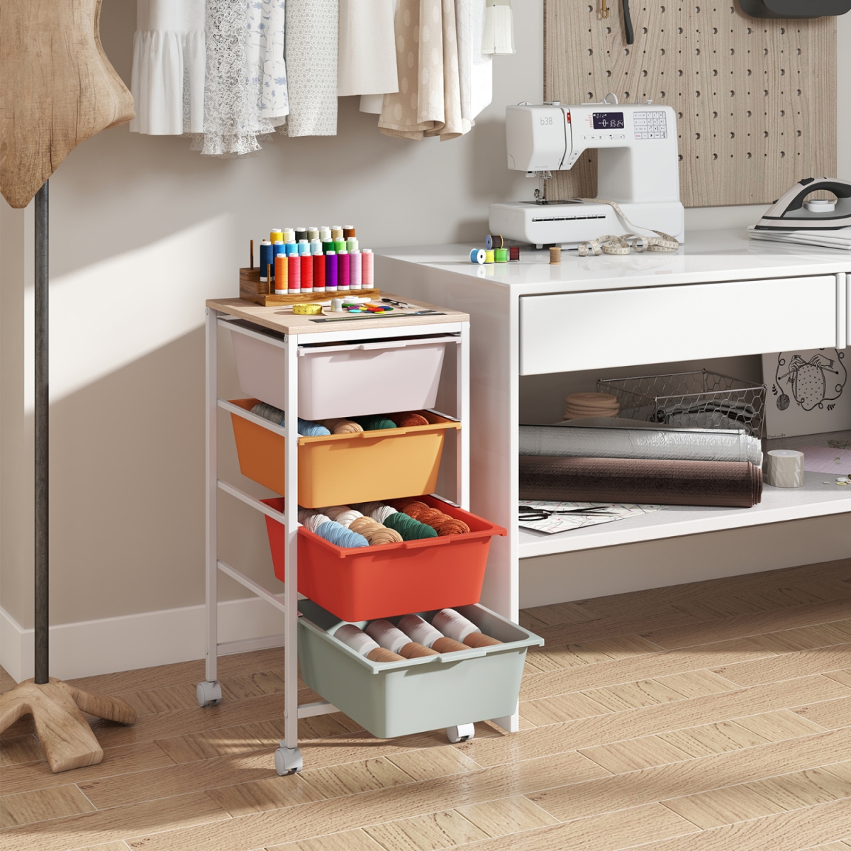 JV14021GW 4-Drawer Rolling Storage Cart Mobile Utility Organizer with Wooden Tabletop & Lockable Wheels - Macaron