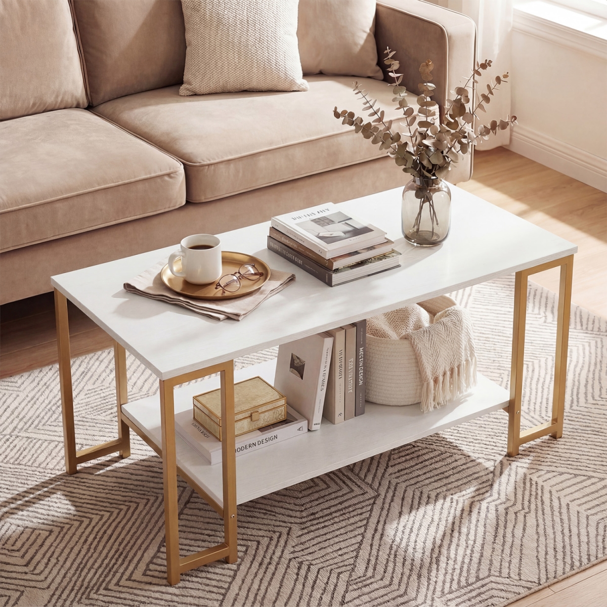 JV14024WH Modern Accent Table with Open Storage Shelf for Apartment & Lounge - White