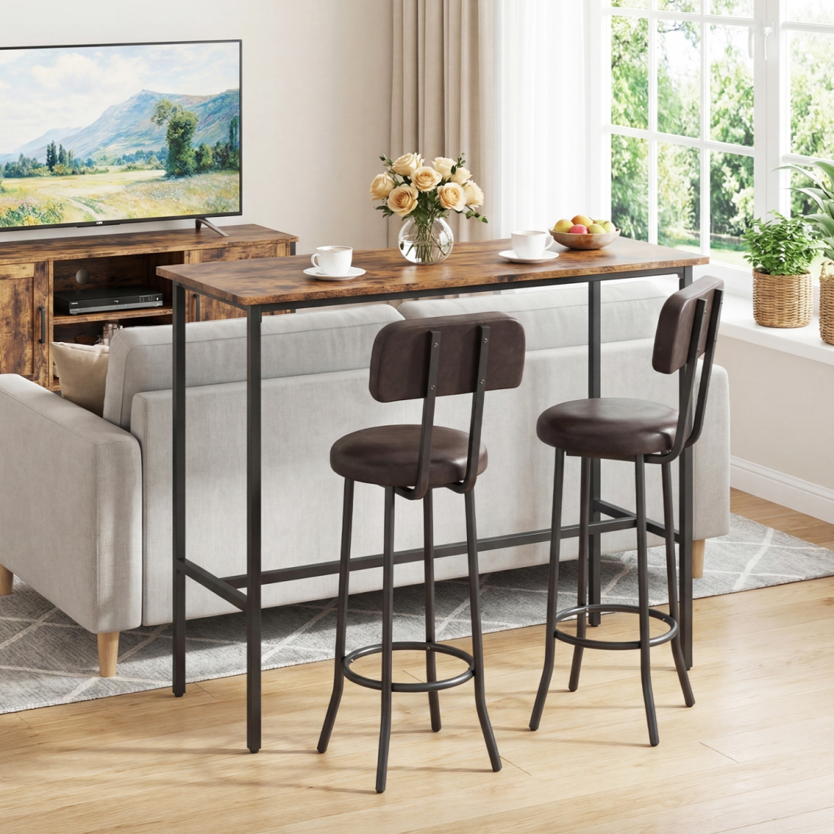 JV14090CF Industrial Bar Table Set with 2 Upholstered Stools & Footrests for Dining Room - Rustic Brown - 3 Piece