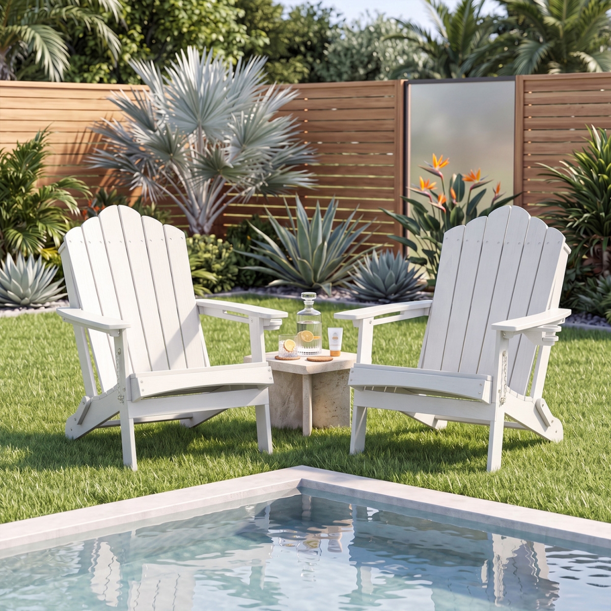 NP13040WH Weather Resistant HDPE Folding Adirondack Chair with High Backrest for Backyard - White