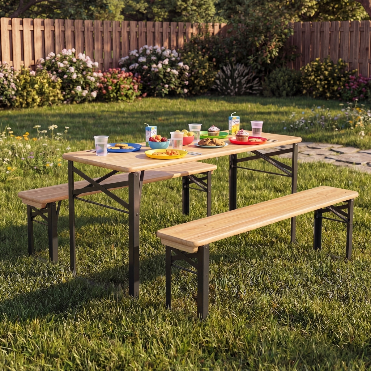 NP13166DK 43.5 in. Folding Kids Picnic Table & Bench Set No Assembly Wooden Toddler Table - Black