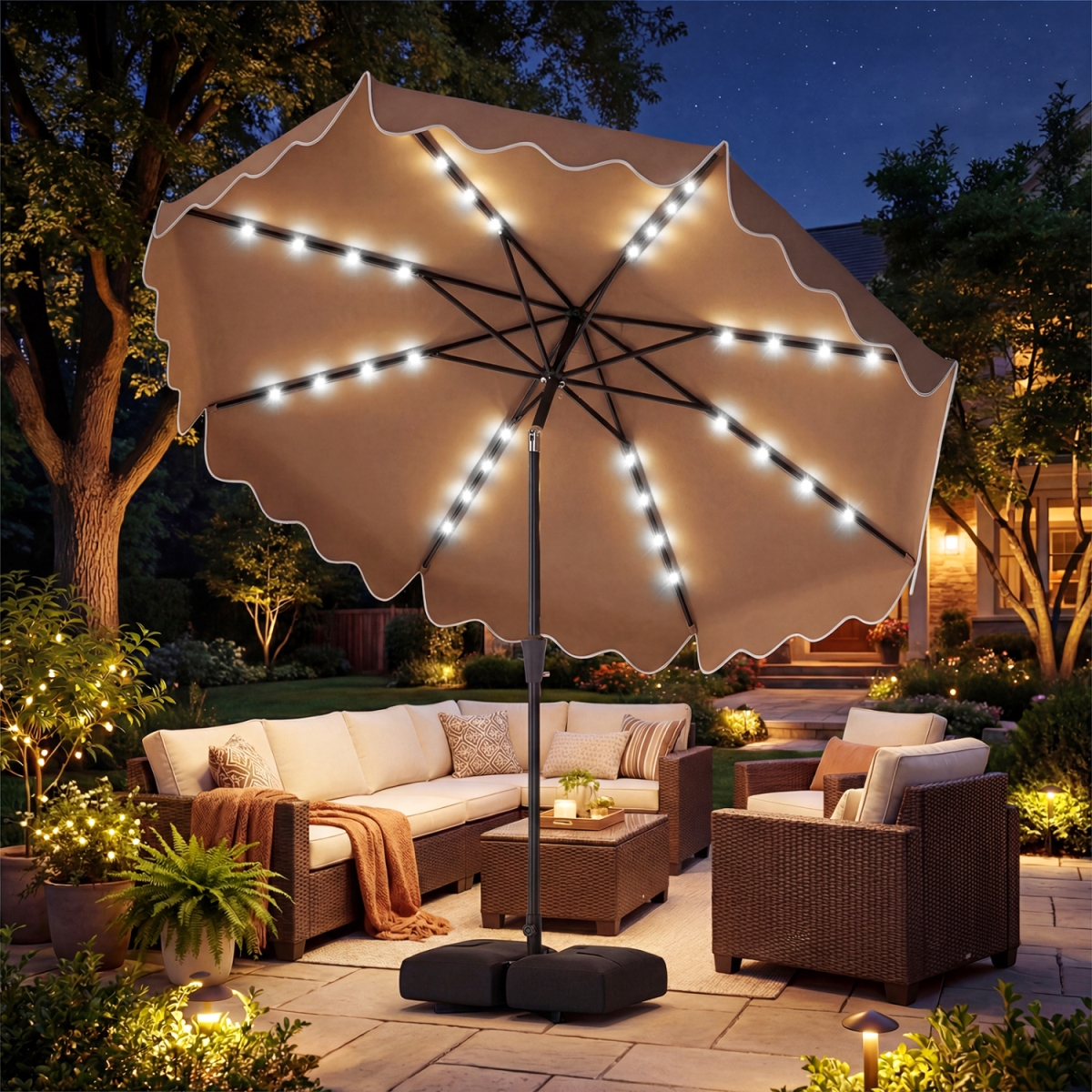 NP13208CF 10 ft. Outdoor Patio Umbrella with Solar LED Lights & Weighted Base - Brown