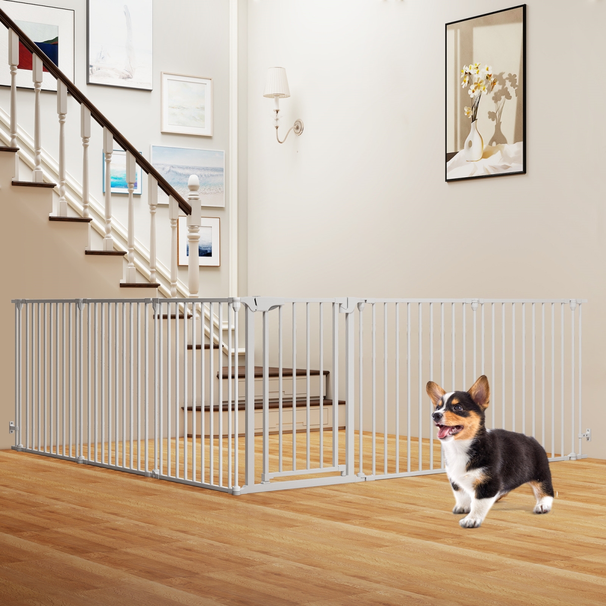 BE10065WH Extra Wide Baby Gate Fits 34.5-154 in. Openings 6-Panel Adjustable Pet Safety Fence - White
