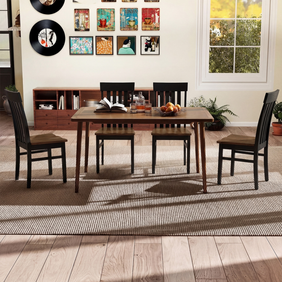 KC58428DK-2 Kitchen Armless Dining Chairs with Slatted High Backrests - Black - Set of 2