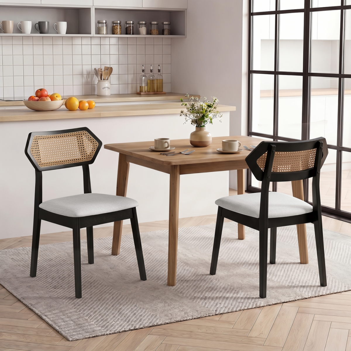 KC59669DK-2 Mid Century Rattan Dining Chairs with Rattan Back & Solid Wood Frame - Black - Set of 2