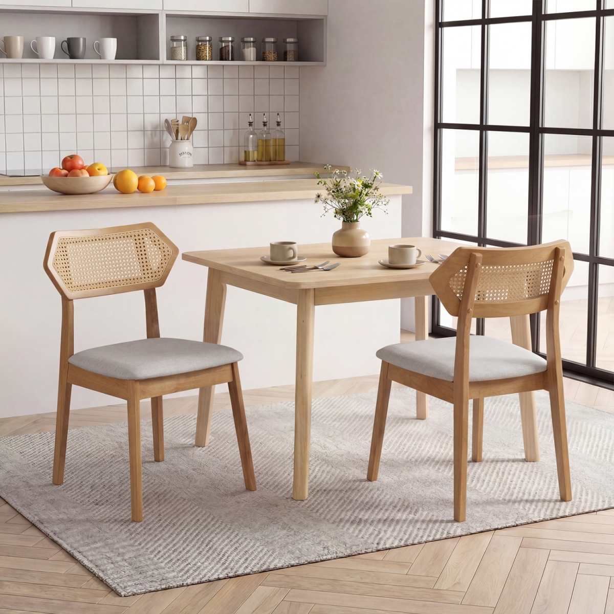 KC59669NA-2 Mid Century Rattan Dining Chairs with Rattan Back & Solid Wood Frame - Natural - Set of 2