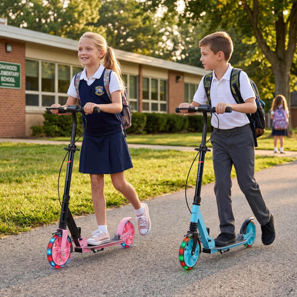 TS10367BL Kick Scooter for Kids Teens Adults Age 8 & Up Foldable with Large Light-Up Wheels - Blue