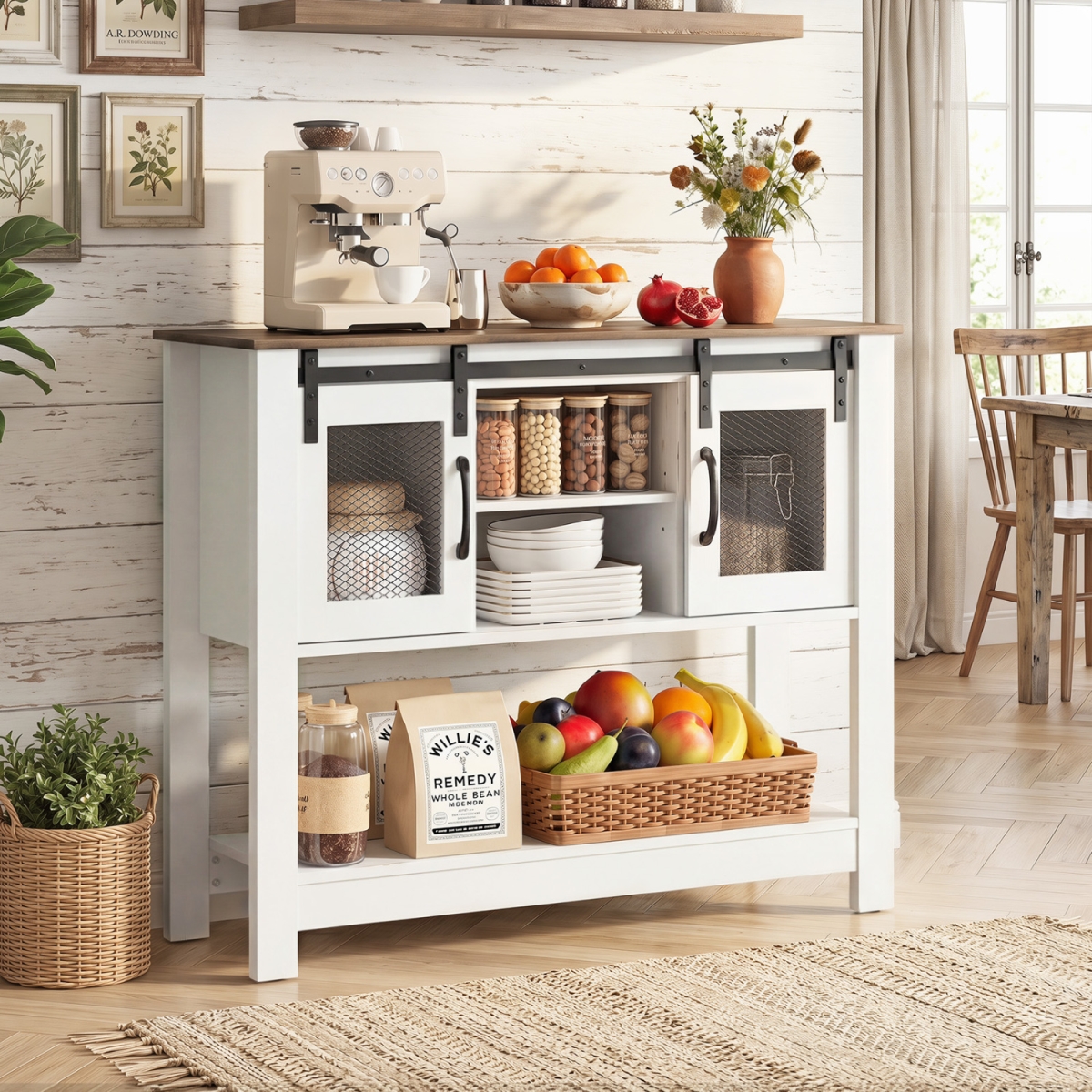 JV13369CF Console Table with Sliding Barn Doors & Storage Cabinets - Rustic Brown