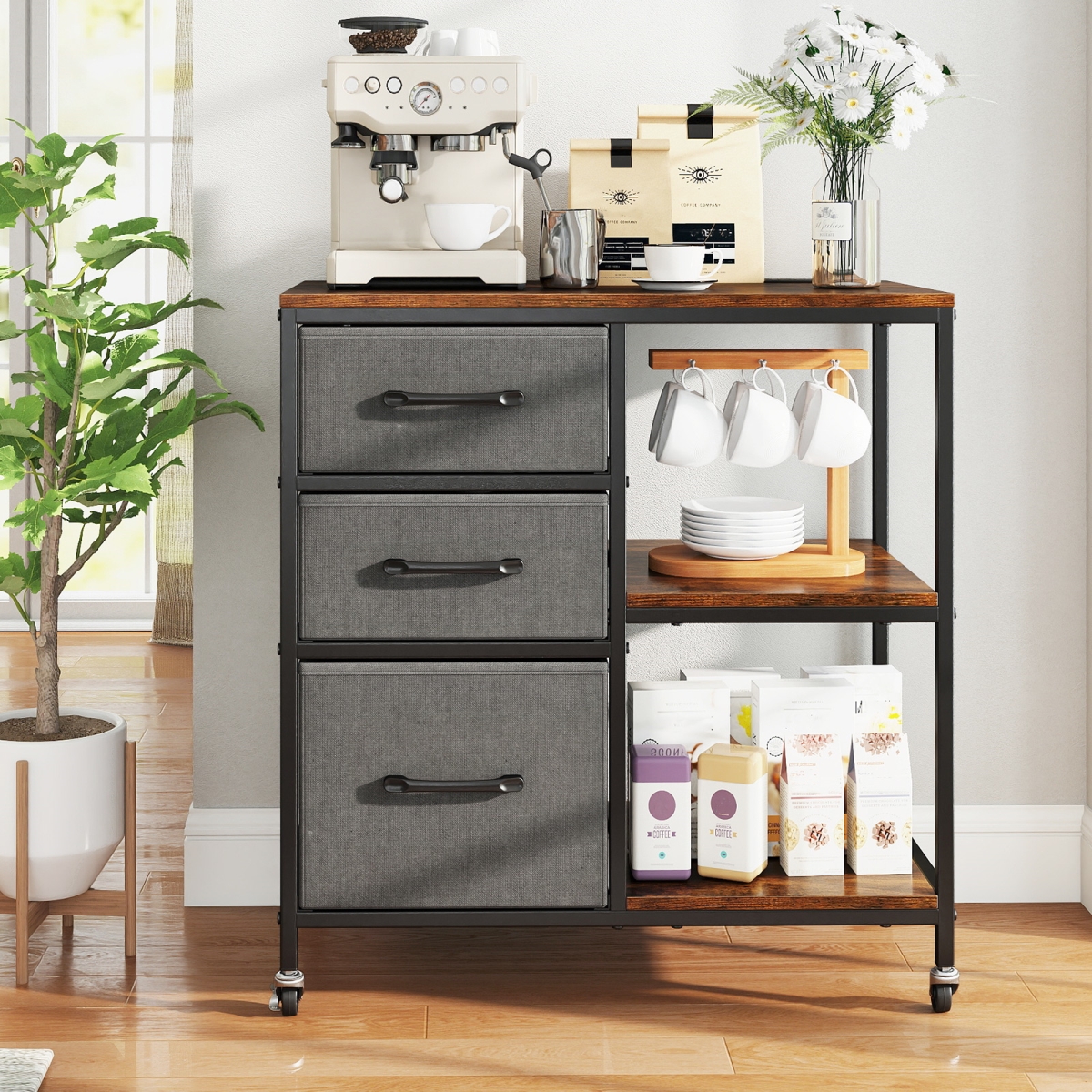 JV13385US-CF 3 Drawer Mobile File Cabinet with Charging Station Rolling Printer Stand with Open Storage Shelves - Brown